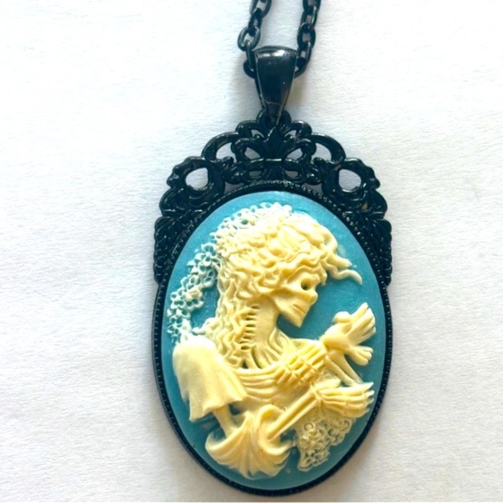 Blue and White Skeleton Lady Cameo Victorian Style Necklace, NWT, Handmade